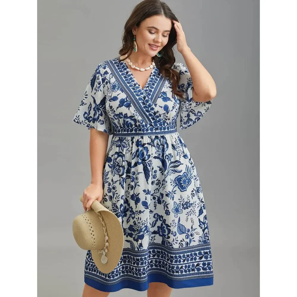 Bloomchic Blue Floral BOHO Midi Dress Pockets Short Sleeve Plus Size 2X 18-20_3